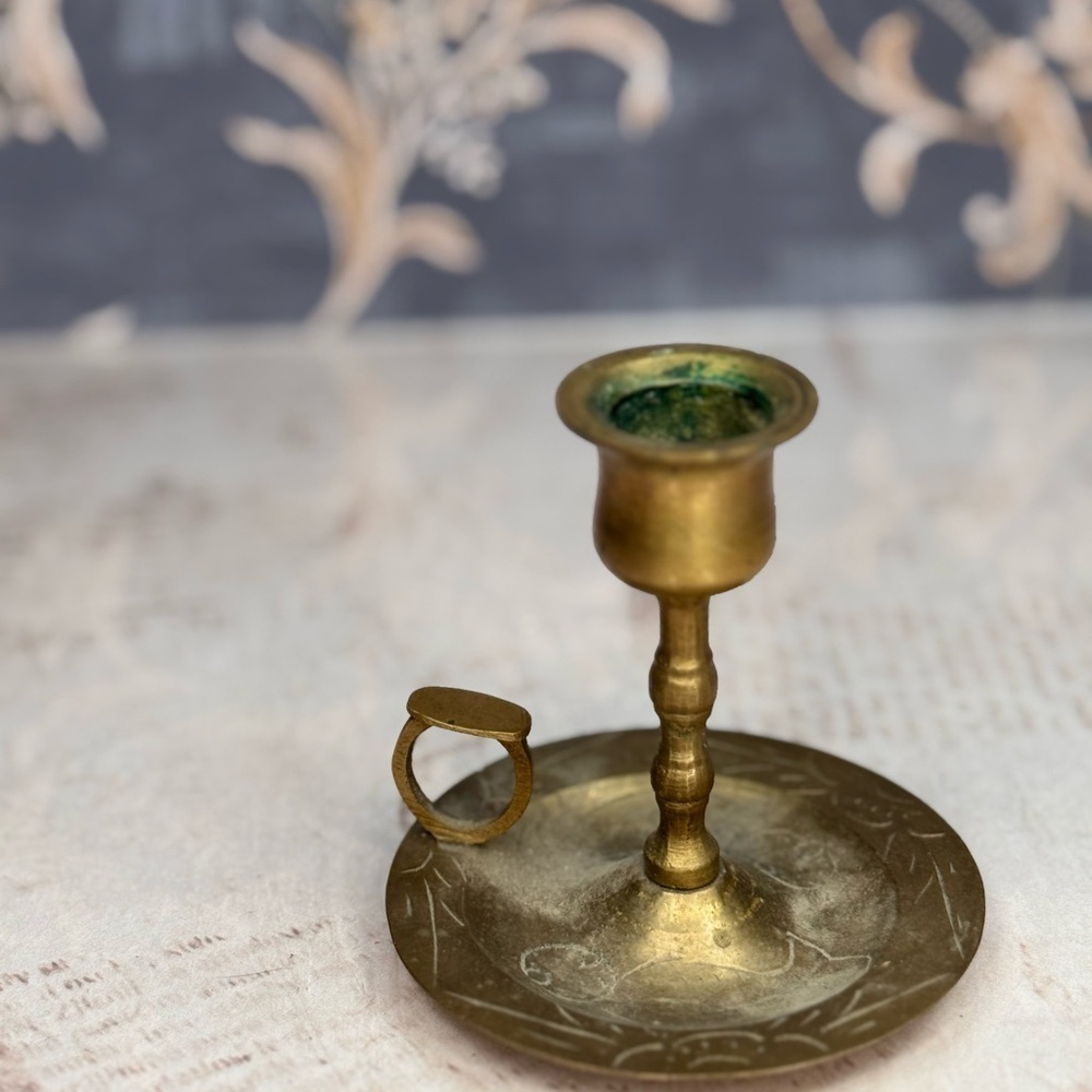Vintage Chinese Brass Chamberstick Candlestick Carp Etched Saucer - Picture 4 of 9